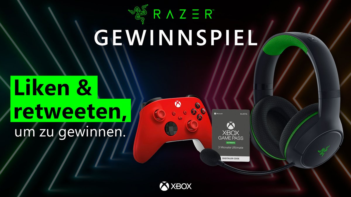 Wir verlosen gemeinsam mit <a href="/RazerGermany/">R Λ Z Ξ R 🇩🇪</a> ein Razer Kaira Wireless Xbox Headset und den brandneuen Xbox Wireless Controller “Pulse Red”, sowie 3 Monate Xbox Game Pass Ultimate. 

So macht ihr mit:
1. <a href="/XboxDACH/">Xbox DACH</a> folgen ✅
2. Tweet liken + RT ❤️🔁

TNB👇
xbox.com/de-DE/promotio…