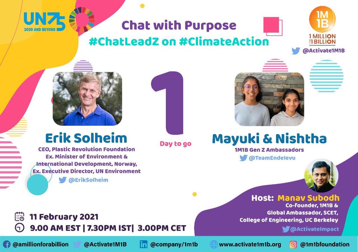 RhemaJoseph7's tweet photo. ✅Intergenerational Chat with Purpose Series✅
#ChatLeadZ on #ClimateAction
Guest: @ErikSolheim Ex-Minister of Environment #Norway
GenZ: #Mayuki #Nishita @TeamEndelevu
Host: #ManavSubbodh Founder @Activate1M1B
Date: 11 Feb, Thursday
Time: 7:30 PM IST l 3 PM CET l 9AM ET https://t.co/YJ8PLw6BPe