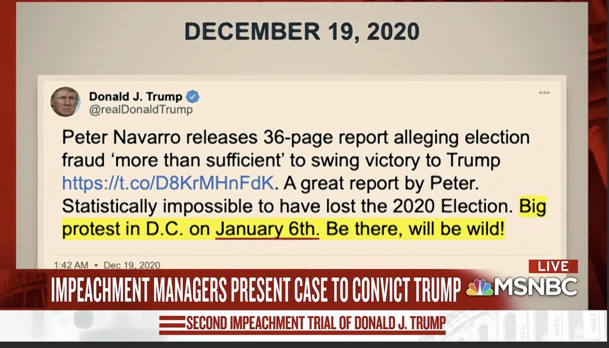 Raskin's goal is to show how Trump overtime stirred up the violence. Beginning on December 12, 2020. Raskin showed tweets, including this one from the 19th of December.6/