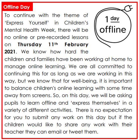 WellbeingWoody's tweet photo. Tomorrow, in the Primary, we are having an OFFLINE day. There will be no online lessons and no expectation for uploading of work. 📵
Here are some fun and creative activities that your child could do 👇
https://t.co/2ZNhFnLDTW
@WoodySchool
@PrimaryWoody
 #offlineday 
#noscreens https://t.co/tAEcFmOXhb