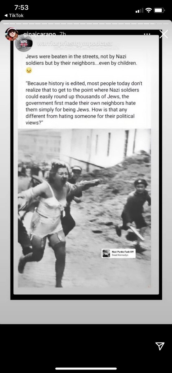  #StarWars and  #TheMandalorian actor Gina Corano posted this image and this message. She sees herself as the victim, as the person attacked, as the Jew. The photo is from the Lviv Pogrom, by the way.