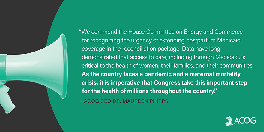 ACOGAction's tweet photo. We applaud the @EnergyCommerce proposal to fast track extension of postpartum #Medicaid coverage to 12 months, a priority our #obgynadvocates have long pursued. Congress should act with urgency to enact this critical policy- an important step in addressing #maternalmortality. https://t.co/qyZkQxWWbB