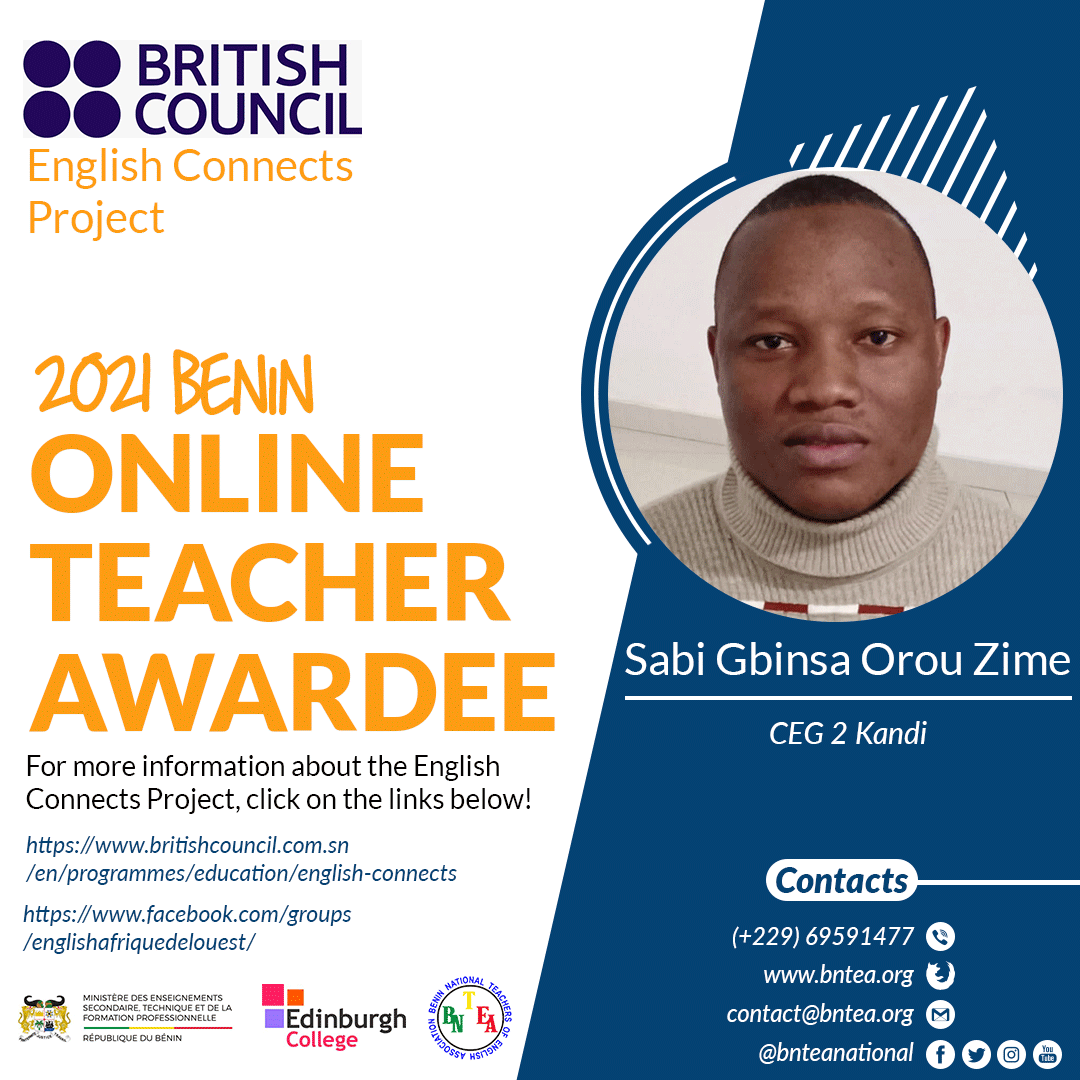 bnteanational's tweet photo. Congratulations to Chitou Ramane  from CEG Kerou and Sabi Gbinsa Orou Zime  from CEG2 Kandi, the two teachers from #Benin who were selected for the online Teacher delivered by @edinburghcoll for the British Council's English Connects Project. #EnglishConnects_AfricaUK https://t.co/dbEMIAlh4H