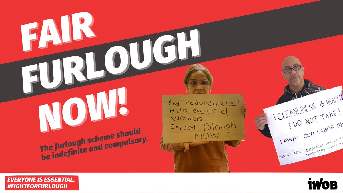 🚨FAIR FURLOUGH NOW!🚨 Today @IWGBcleaners launched their campaign to #FightForFurlough The furlough scheme should be indefinite and compulsory to prevent thousands of redundancies. Everyone is essential. SIGN IF YOU AGREE👇🏾 change.org/fightforfurlou…