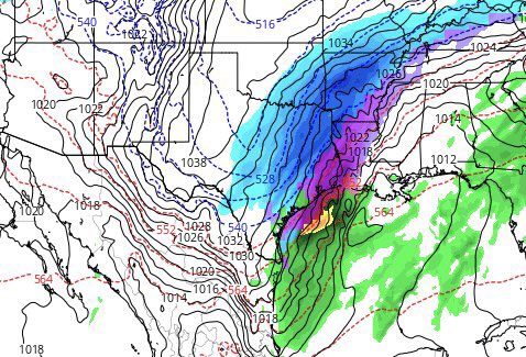 KPRC2Justin's tweet image. Normally I don’t post raw weather model data but I want y’all to see some of what we’re studying about Monday’s snow/ice potential. This pic is this morning’s American model run for Monday afternoon. Shows a potential for significant ice &amp;amp; snow storm likely ... 1/2