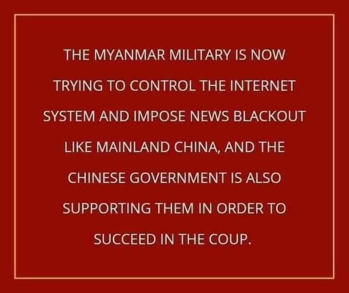 IF WE LOST INTERNET AGAIN, THIS IS BECAUSE OF CHINA 
China is providing technical support to military and trying to detain the cyber security in Myanmar. We condemn China for interventing in Myanmar affair.

#WhatsHappeningInMyanmar
#StopChinaIntervention