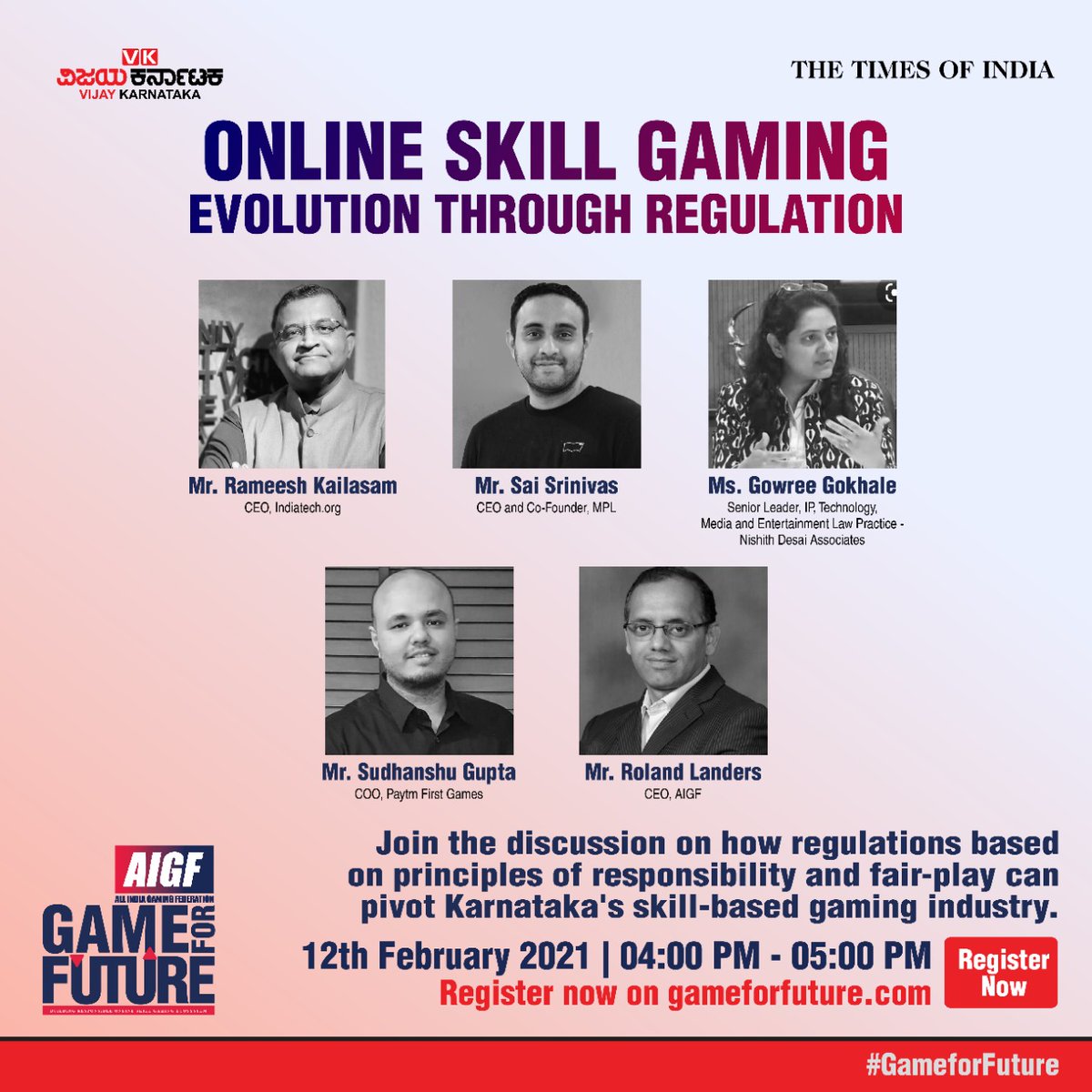 GameforFuture1's tweet photo. Game for Future is bringing conversations from subject matter experts across gaming &amp; media industries, and legal experts to discuss the economic edge that the online skill gaming sector would give to Karnataka. 

Join us here - https://t.co/ZxzY0DsZgT

#AIGF #GameForFuture https://t.co/dOAMTFCCcN