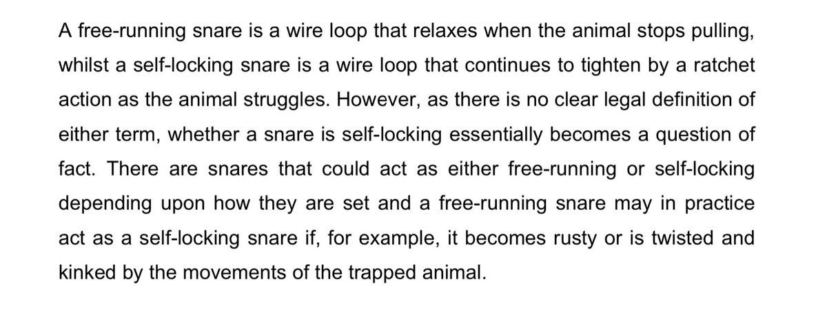 @IainTime @BritishVets @fishvetmj @domdyer70 @DrAliceBrough @JournoJane Snares are an abomination.  Inherently indiscriminate, a snare is almost impossible to set in a manner that guarantees that it remains legal in use (extract from @defra COP below). Banned in many countries, there are no circumstances when a humane alternative cannot be deployed.