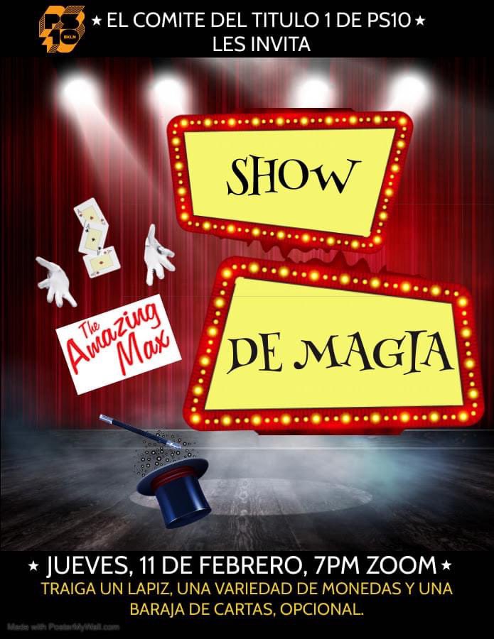 PS10Brooklyn's tweet photo. Take a break from reading and enjoy a free MAGIC SHOW featuring @TheAmazingMax - tomorrow, Thursday 2/11 at 7:00 pm. Head over to Konstella for the Zoom details... π©πͺπβ¨
Thank you to the Title 1 Committee for bringing this to our school. #ps10proud #ps10bk #magic https://t.co/4VGhVQvxg1