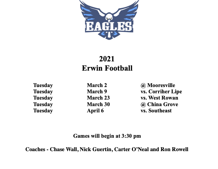 2021 Erwin Footballl Schedule
Games will also be live streamed on Erwin Middle Athletics YouTube Channel @ErwinMiddle <a href="/mikelondonpost3/">mike london</a>