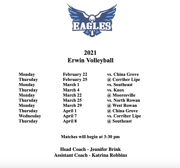 2021 Erwin Volleyball Schedule
Games will also be live streamed on Erwin Middle Athletics YouTube Channel @ErwinMiddle <a href="/mikelondonpost3/">mike london</a>