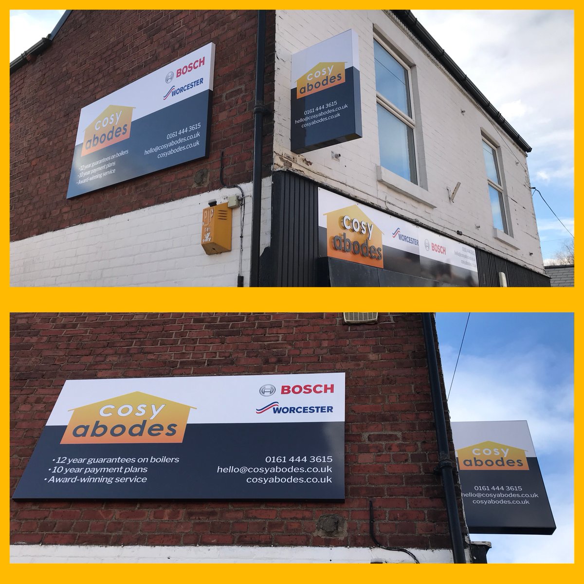 SXMacclesfield's tweet photo. Thank u Cosy abodes #poynton for choosing #signs Express #Macclesfield to supply & fit #traysign , #panelsign with #acrylicletters on #standoffs & double sided #projectingsign ππ½For all yr #signage π01625708844 #Cheshire #Cheshirelife #CheshireSet #Wilmslow #Prestbury #Alderley https://t.co/yJ3M4XNwel