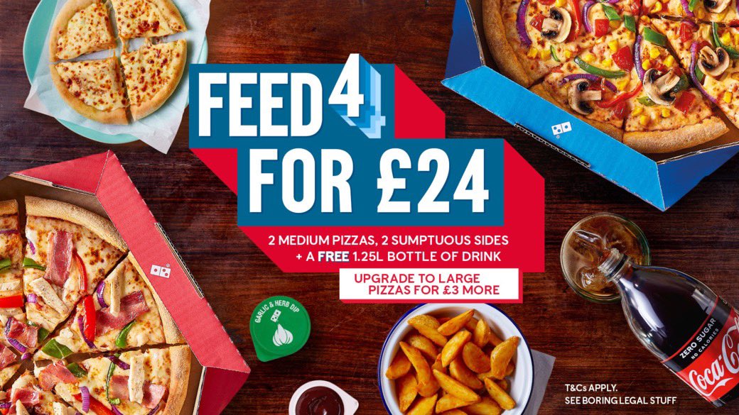Dominos_Bham's tweet image. Feed 4 for £24 with this doughlicious deal. Choose 2 medium pizzas, 2 sumptuous sides and get a FREE 1.25l bottle of drink for just £6 each. Order this epic deal now at dominos.co.uk

*T&amp;amp;Cs apply. Participating stores only. 

#Birmingham #Solihull