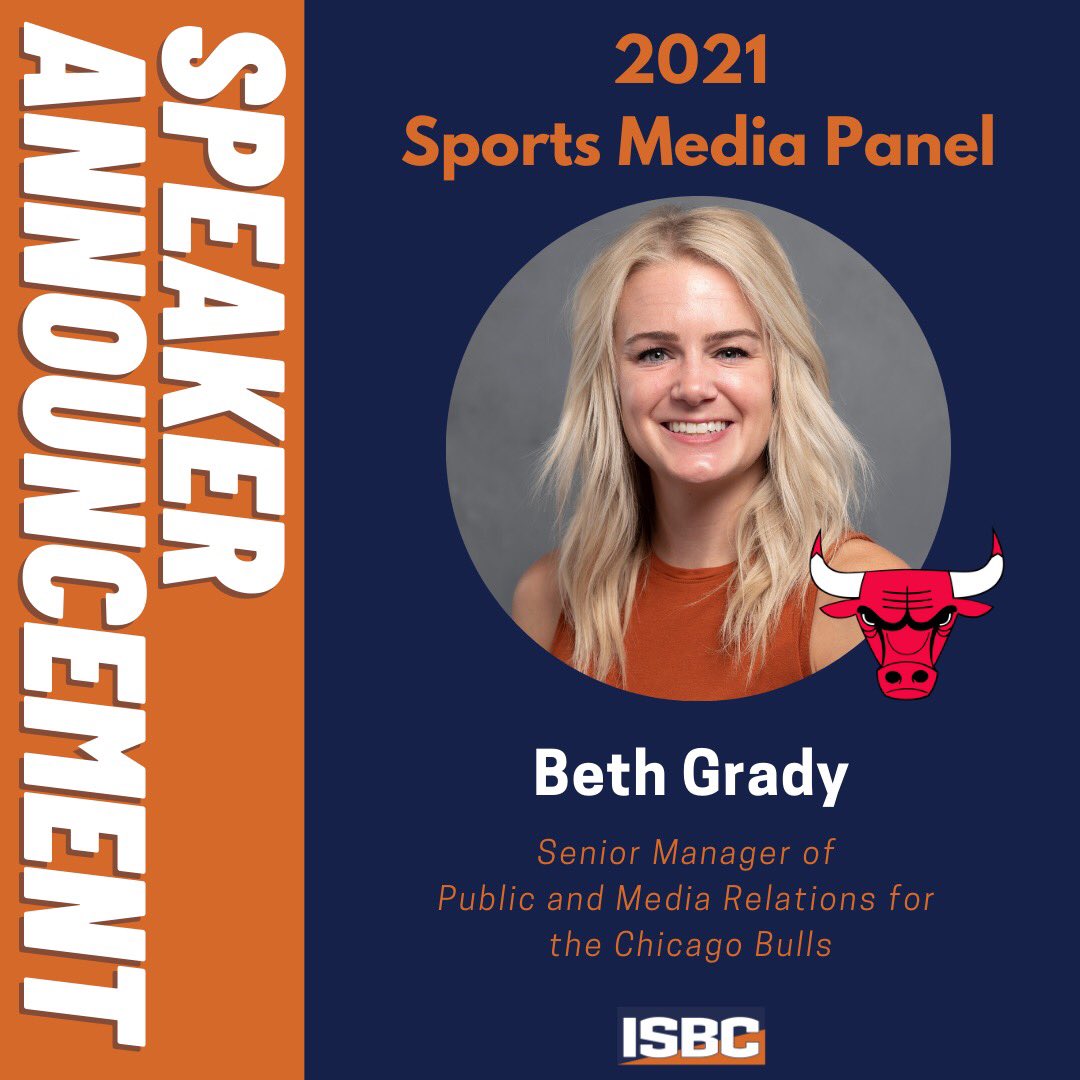 Proud to announce that Beth Grady of the Chicago Bulls will be joining our lineup on the Sports Media Panel 🏀 

The 2021 Conference is so near. Get your free tickets now❗️

#SportsReimagined #ISBC2021 #Bulls #sportsbiz #illini #wearegies