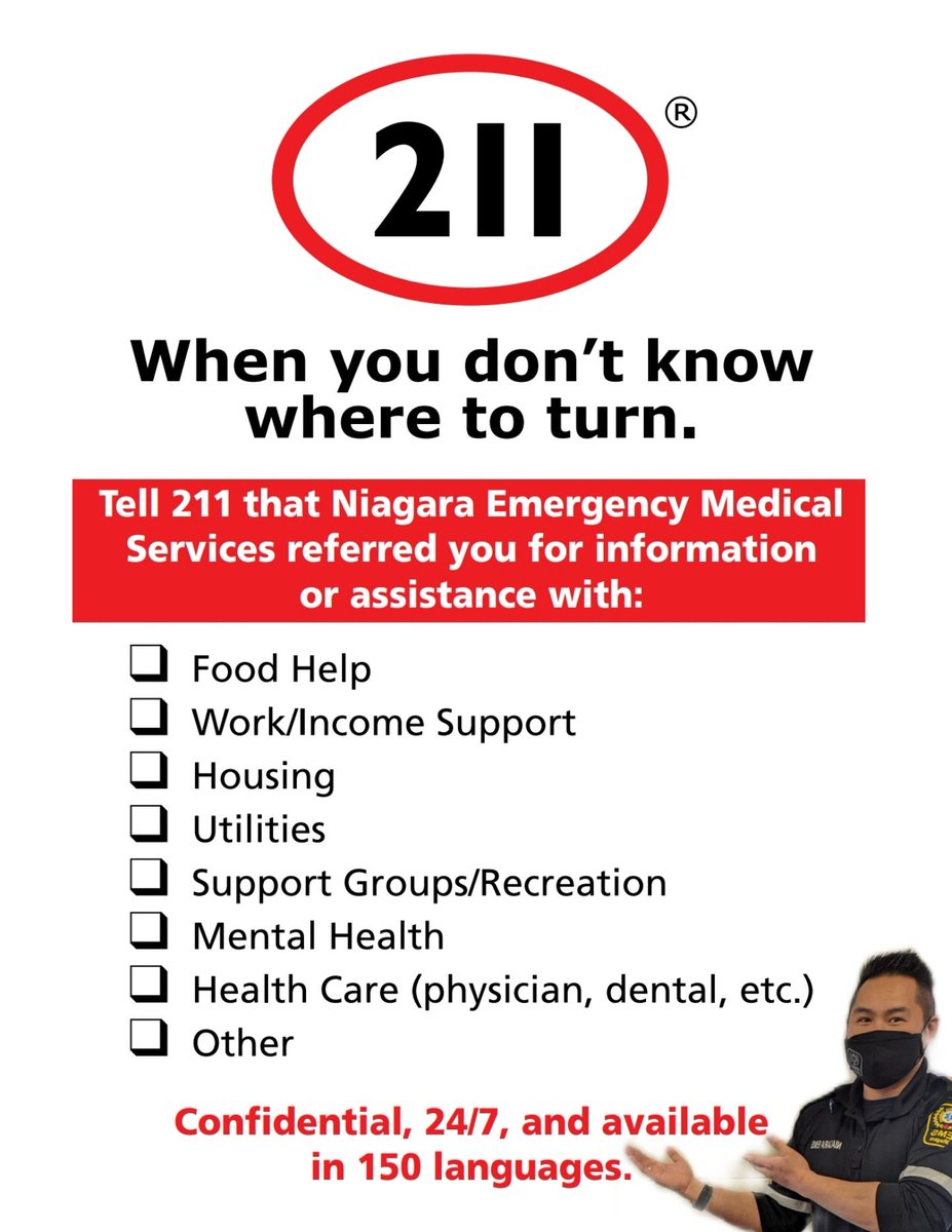 NiagaraEMS's tweet photo. Now more than ever, it’s important to know how to #MakeTheRightCall

911: Connects you to Police, Fire, Paramedics
211: Connects you to government and community-based social services and programs 

#HelpStartsHere #211DayCanada @211Ontario https://t.co/wgaqu9IuS9