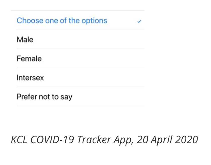 Less than a month later, new users signing up to the app were presented with a revised version of the sex question (screenshots taken on 20 April 2020):