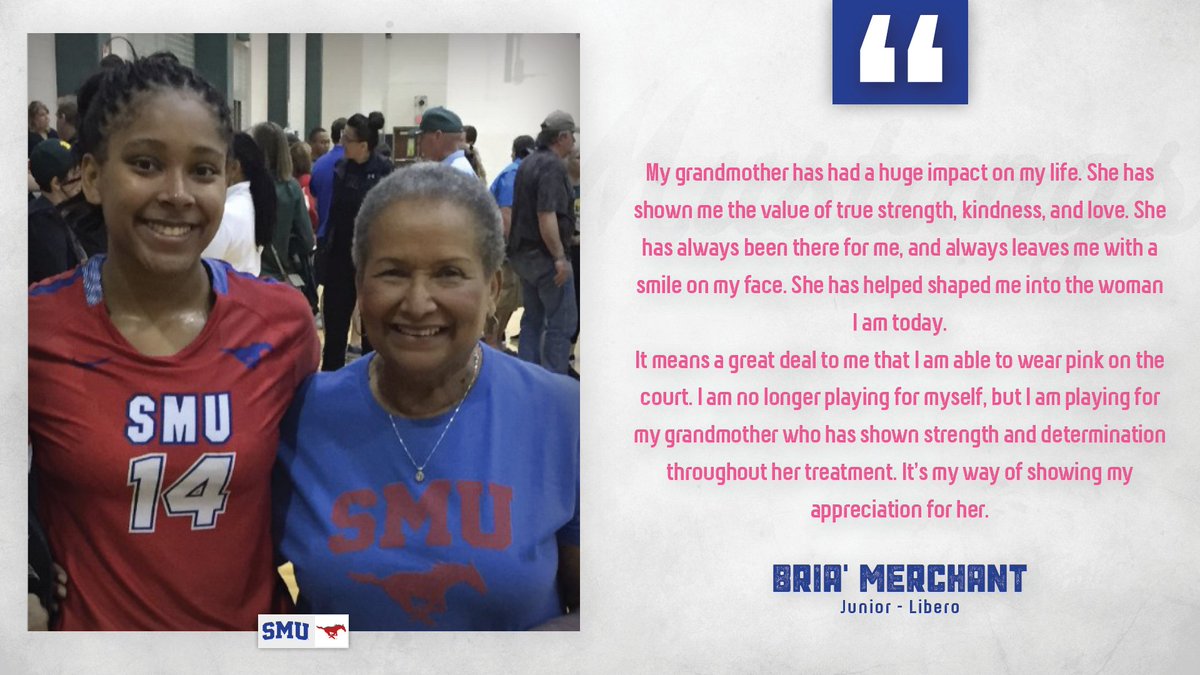 SMUVolleyball's tweet photo. Junior libero, Bria' Merchant has a special relationship with her grandmother who has been affected by breast cancer. Read more about her story below⬇️ #PinkMatch | #25thSeason https://t.co/GrhXVAovp2
