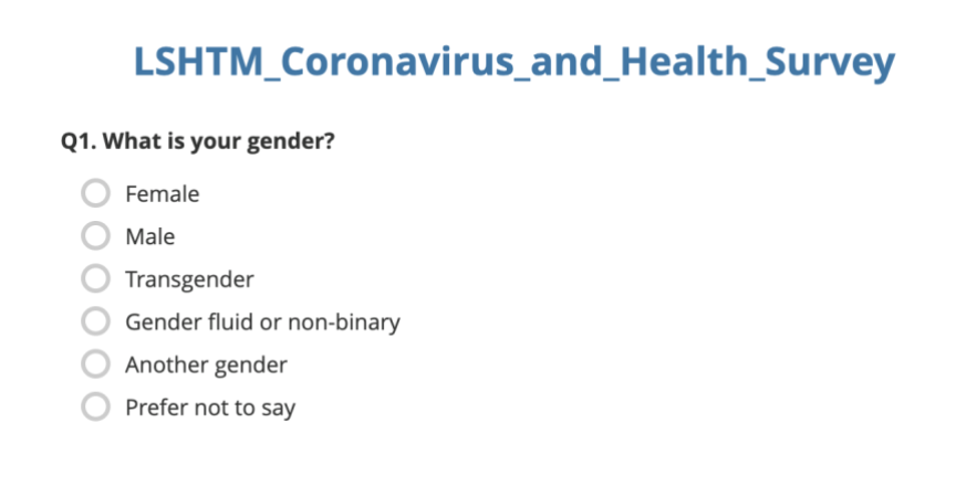 A survey by the London School of Hygiene and Tropical Medicine considering how people were coping with the Covid pandemic and how information about the disease was being shared in communities listed five potential responses to the question ‘What is your gender?’: