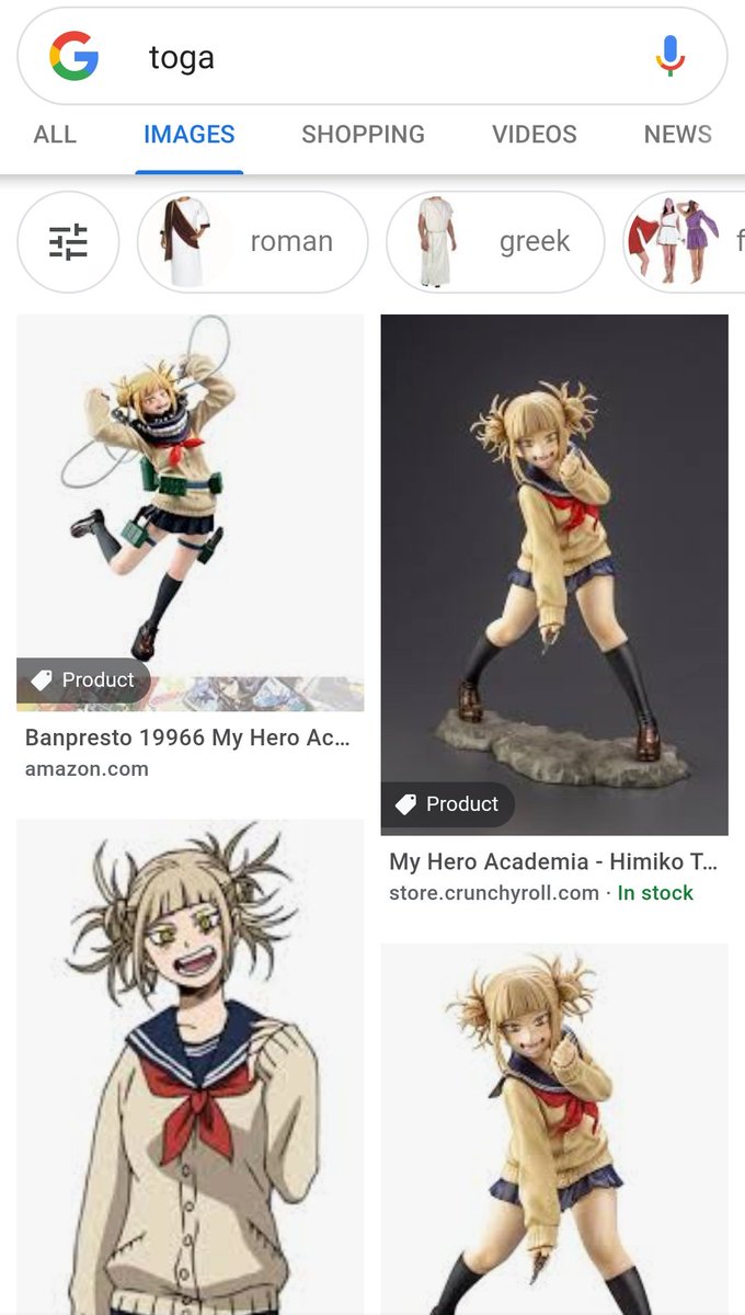 Also if you Google toga, you get togas, but if you image search it, you get anime figurines