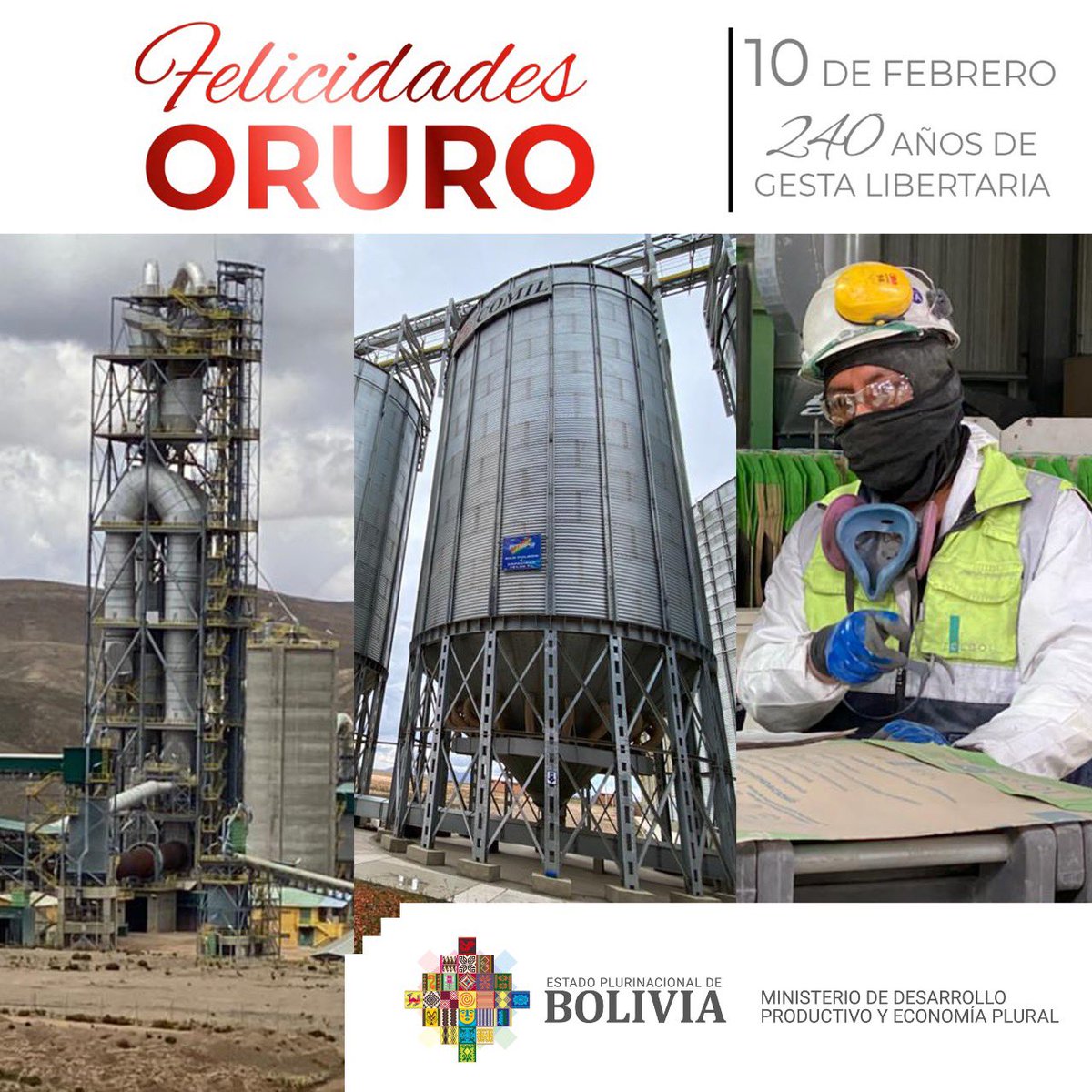 MPSMAyABolivia's tweet photo. ¡Felicidades Oruro!
Celebramos el 240 Aniversario de la Revolución de 1871. Desde la industria orureña, con nuestras empresas públicas: @EcebolBolivia, @ebabolivia y @EmapaBolivia y Cartonbol, impulsamos la producción y desarrollo en beneficio del pueblo boliviano. https://t.co/2qnPxG6fE8