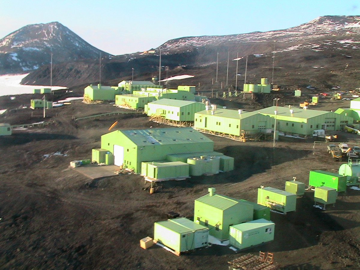 7. Scott Base, a New Zealand research station in Antarctica, located on Ross Island, near Mount Erebus There is something intriguing in the Chelsea Cucumber green of the buildings, which are connected by all-weather corridors