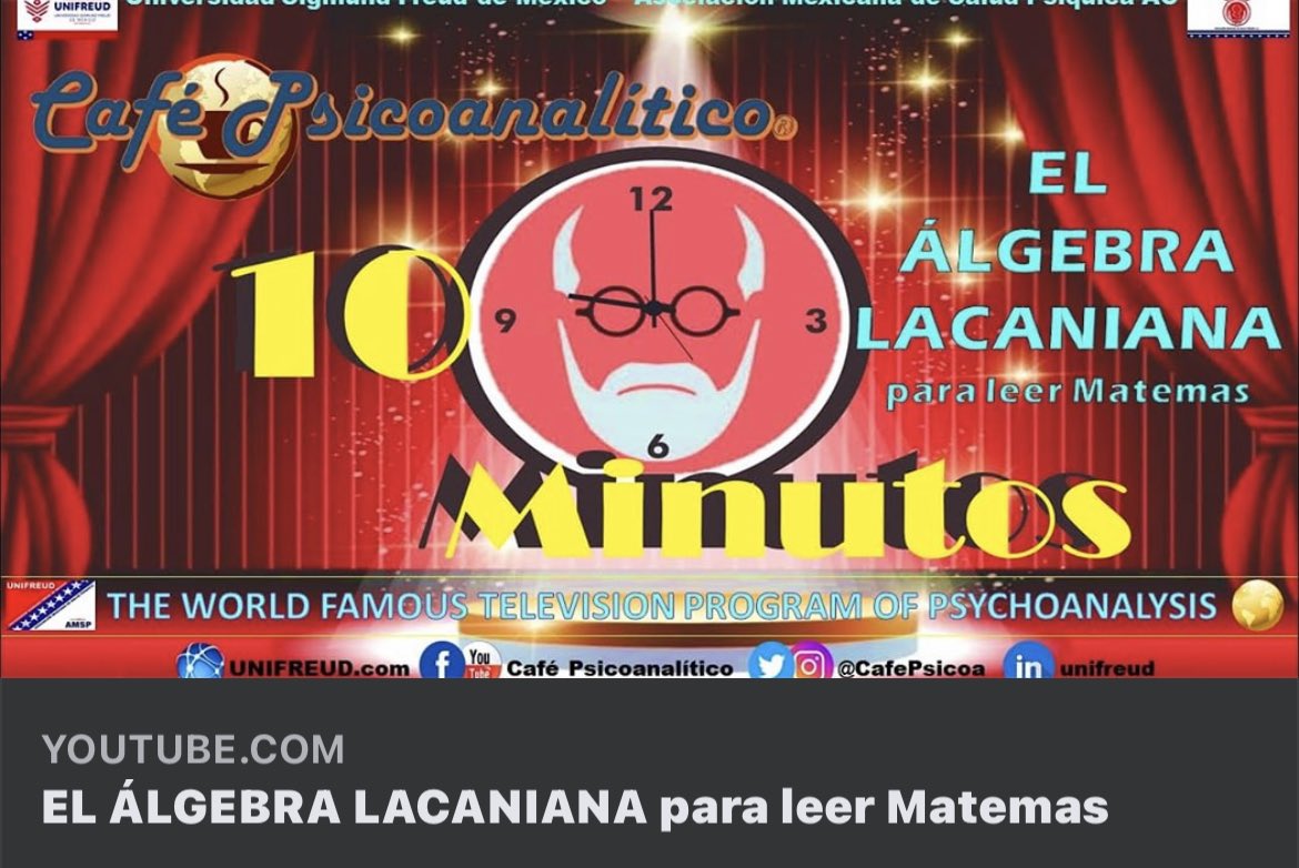 CafePsicoa's tweet photo. En este especialde 10 MINUTOS de @CafePsicoa Café Psicoanalítico tenemos el tema: EL ÁLGEBRA #LACANIANA PARA LEER #MATEMAS
#unifreud #amsp #CafePsicoanalitico #psicoanalisis #psicopatologia #SigmundFreud #JacquesLacan #MelanieKlein
https://t.co/oAIsPKquXZ https://t.co/pdCzaGUHQp