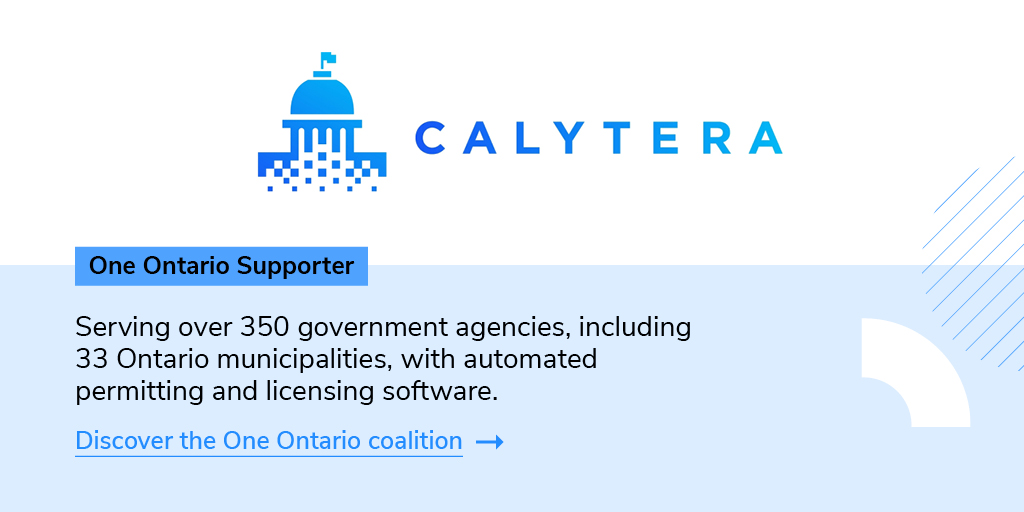 <a href="/Calytera/">Calytera</a> applauds One Ontario's goal of a data exchange standard that will give all technology providers equal opportunity to service municipalities and the Province. ow.ly/11Ta50DwUJ1 #aecindustry #onpoli #epermits #municipalities #streamlining #dataexchange