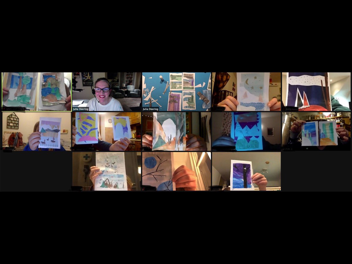 DeeringJulia's tweet photo. Check out the amazing winter landscapes made by the brilliant Young Artists. We each made four at once using pre-painted collage papers. Quite a challenge but weirdly it’s easier than just making one! #youngartistsclubonzoom #yazoom #winterlandscapes #collage #imaginarylandscapes https://t.co/DUKymtJNQZ