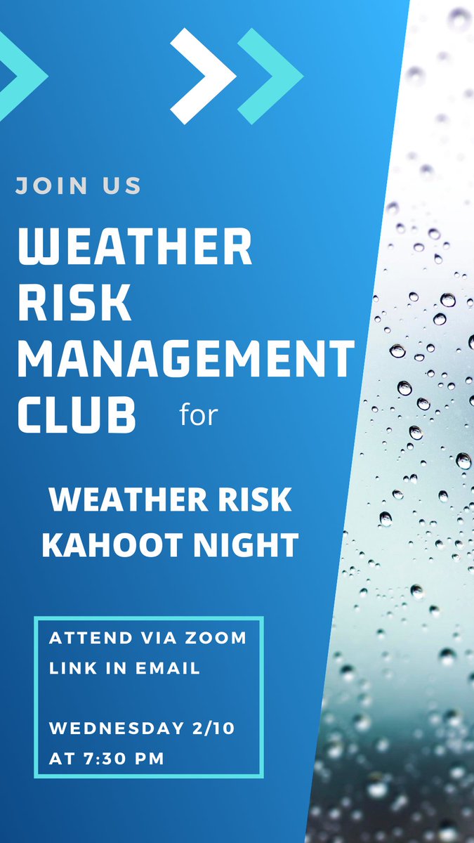 Weather Risk Management Club Meeting TONIGHT at 7:30 PM (EST) via Zoom (see email, GroupMe or DM us for link) See you there!
