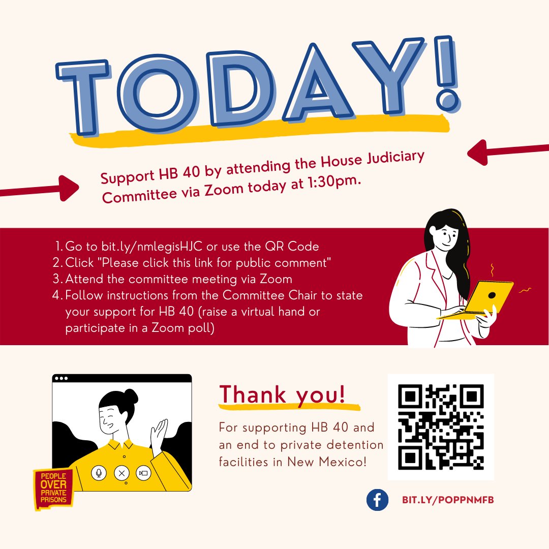 NMILC's tweet photo. TUNE IN TODAY! The fight to end private detention in #NM will be heard today in the #nmleg House Judiciary Committee! Scan the barcode for our advocacy toolkit and join us today at 1:30PM! #passHB40 https://t.co/8mpW2GiVbL