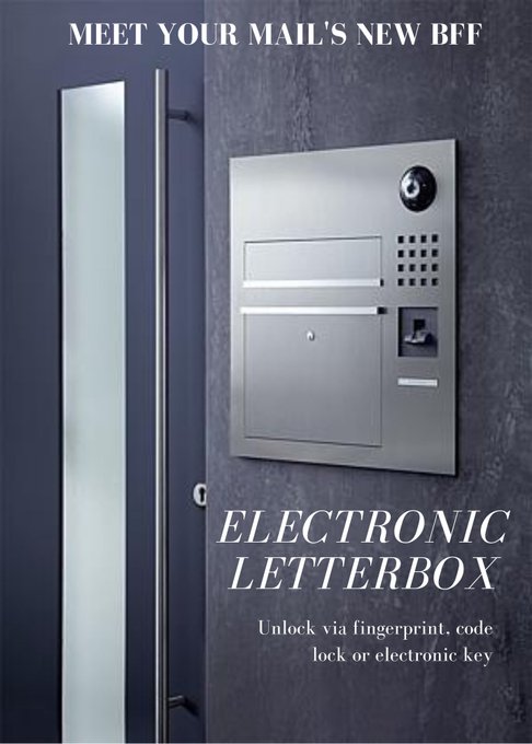 Text reads: Meet your mail's new bff. Electronic letterbox. Unlock via fingerprint, code lock or electronic key