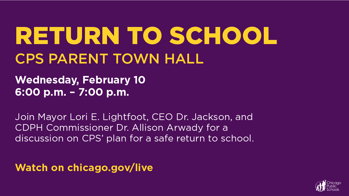 ChiPubSchools's tweet photo. 📺 LIVE @ 6:00 PM: Join @chicagosmayor, CEO @janicejackson, and @ChiPublicHealth Commissioner Dr. Allison Arwady as they answer questions our school community members submitted about our safe return to school. 

➡️ Watch on https://t.co/IumA7kqPda https://t.co/51JiF2rJO9