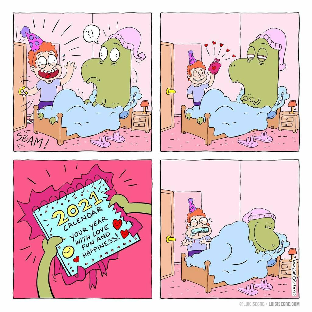🦖 my friend is a killer by #luigisegre • #die or #dinosaur 🥳 happy 202... ugh! 🤮 follow @luigisegre 😉 #instacomics #igcomics #comics #webcomic #webtoon #darkhumor #death #humor #cartoon #cartoonist • #quarantinelife #emergency #extinction • #happy2021 #fuckyou2020 #tired