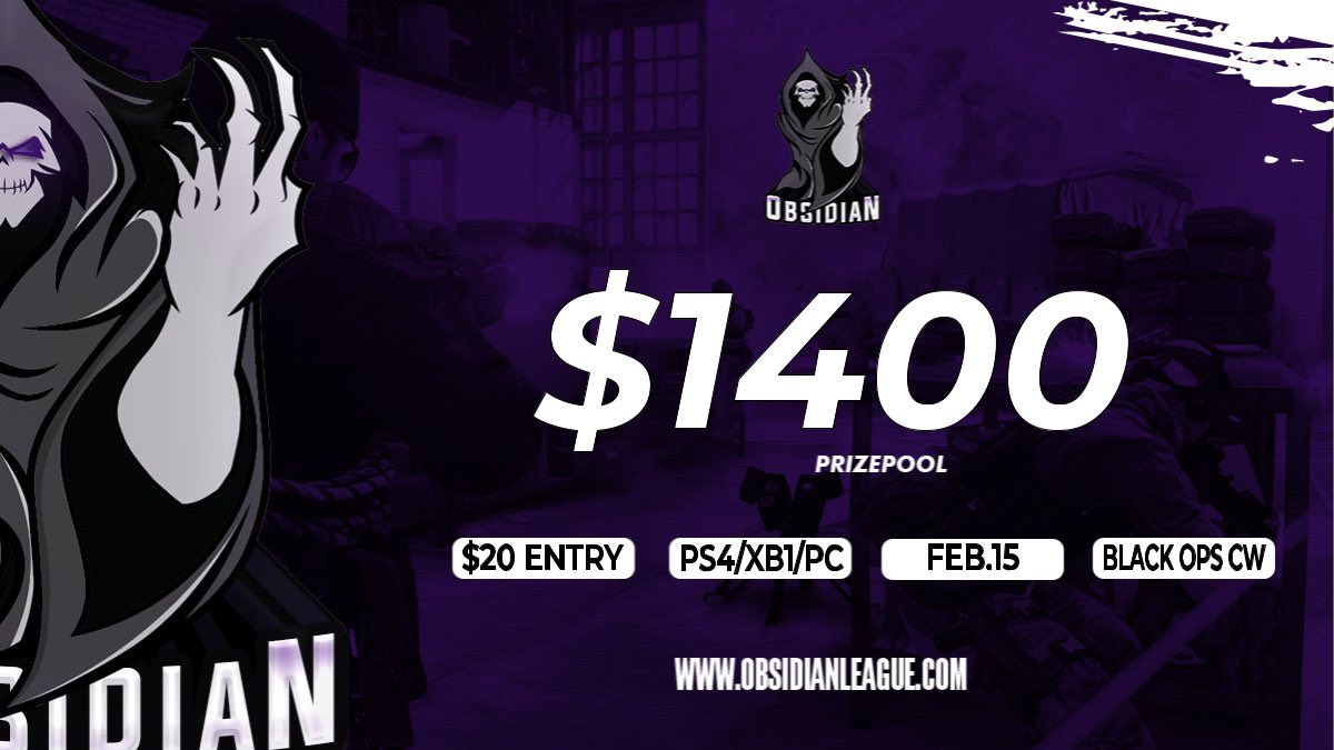 𝗦𝗲𝗮𝘀𝗼𝗻 𝗢𝗻𝗲
- Begins February 15, 2021
- $20 Entry Fee
- $1400 Prize Pool

More Information - 
obsidianleague.com/season-one

RTs Appreciated!
#ColdWar
<a href="/Obsidian_RTs/">Obsidian Retweets</a> / <a href="/SGH_RTs/">SocialGamingHub Retweets</a> / <a href="/BlazedRTs/">Blazed</a> / <a href="/ShoutRTs/">Shout RTs</a> / <a href="/ScrimFinder/">Scrim Finder</a> / <a href="/CoDFAs/">CoD Free Agents</a> / 7