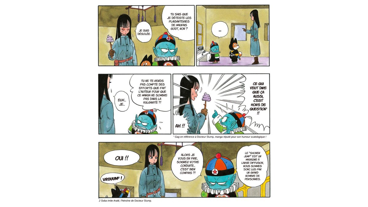2) Pilaf qui s'énerve car il ne veut pas faire rentrer l'humour de Dr. Slump dans Dragon Ball, demandant à Mai de ranger Senbi. 