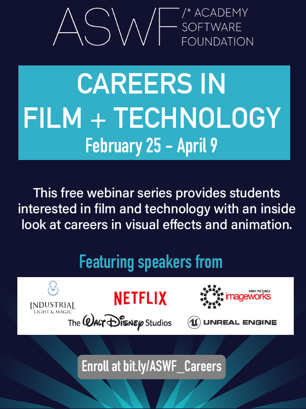 STUDENTS: do you love film + tech? Enroll in <a href="/AcademySwf/">Academy Software Foundation</a>’s free webinar series to learn about technical careers in the movie industry. Hear from engineers and devs at <a href="/netflix/">Netflix</a> <a href="/ILMVFX/">Industrial Light & Magic</a> <a href="/imageworksvfx/">Sony Pictures Imageworks</a> <a href="/Pixar/">Pixar</a>
<a href="/UnrealEngine/">Unreal Engine</a>  and more! Enroll at bit.ly/ASWF_Careers