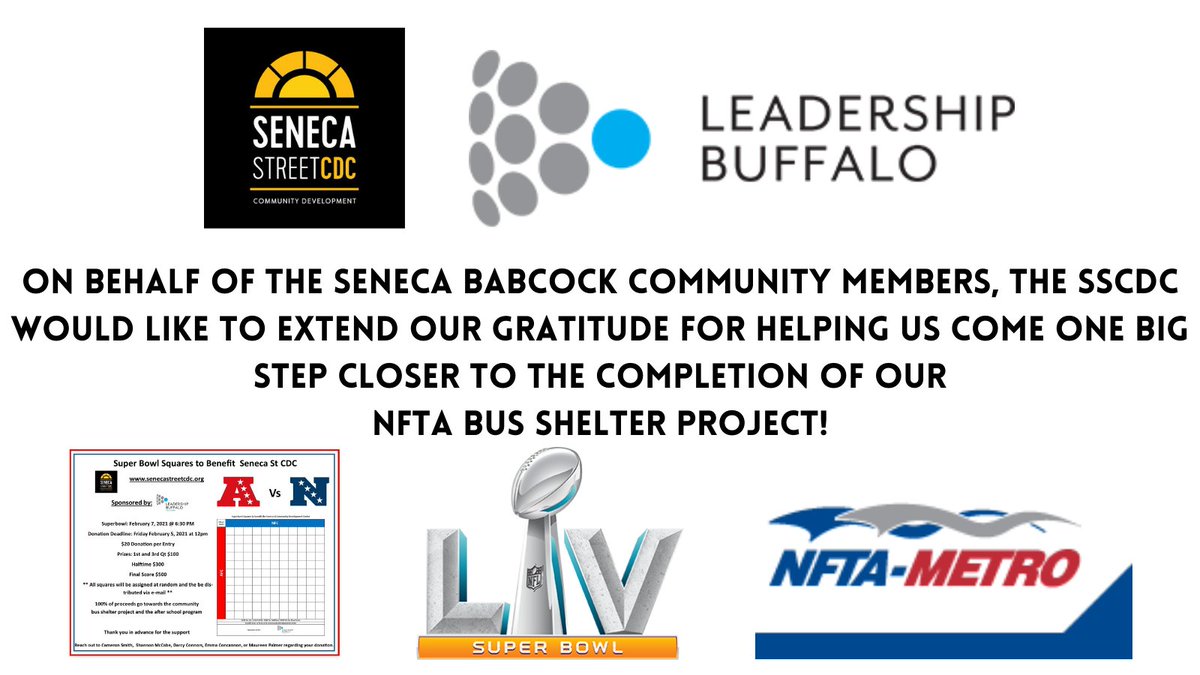 $3,300 raised for the bus shelter project in Seneca-Babcock! Thank you Cameron Smith for organizing the super bowl square pool in support of the project, and Kyle Wiley for his generous donation. We appreciate the generosity of <a href="/LeadershipBUF/">Leadership Buffalo</a> '19 &amp; everyone that participated!