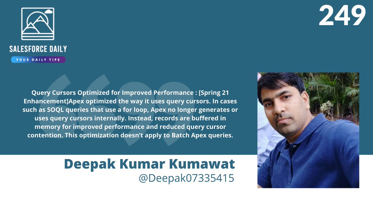 JollyPaarth's tweet photo. #SalesforceDaily Your Daily Tip - 249
#Trailblazer -
@Deepak07335415
Category - Salesforce Apex
Submit your #Salesforce Tip!
https://t.co/dVCD07MnUU
@Akash_SFDC @vipulgoel19 @pritamsfdc
Follow Previous Missed Tips: https://t.co/iSUVXmbZH9
#SalesforceOhana https://t.co/cGS2kZNb9e