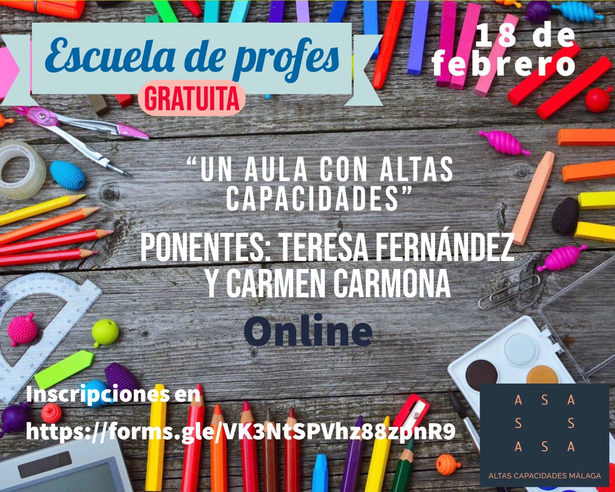 ASAMalaga's tweet photo. #EscueladeProfes el 18 de Febrero, de 17 a 20 horas, “Un aula con #AltasCapacidades ” con @Teresa_Cadis y Carmen Carmona, de @CCadis, como ponentes. Inscripción en https://t.co/qfknw6JlG4 Más información en formacion@asamalaga.es
#educación #respetoaladiversidad #ASAMALAGA #AACC https://t.co/lemBrcdn8s