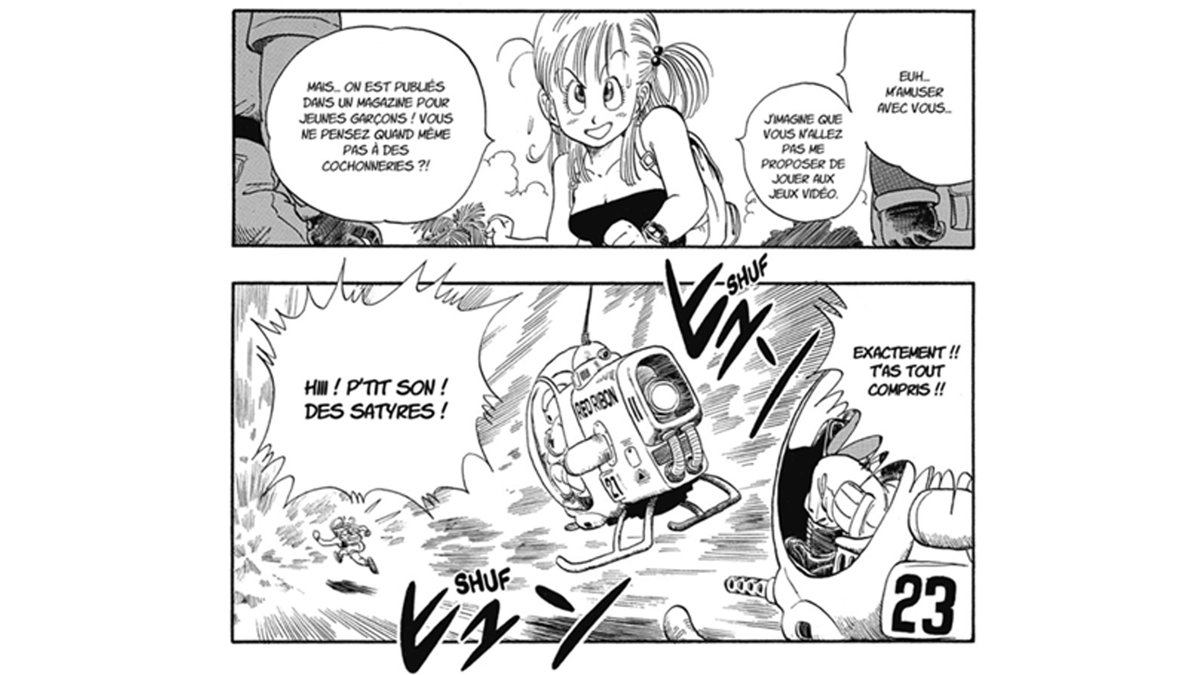 3) Quand on dit à Bulma qu'ils vont "s'amuser avec elle", elle répond qu'ils ne peuvent pas se permettre certaines chaises car ils sont publiés dans un magazine pour jeunes garçons.