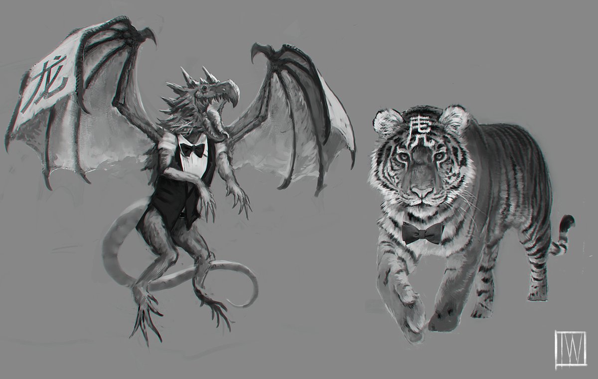 Scrapped concepts for 'AI casino greeters' -- had them based on the casino game Dragon Tiger (Baccarat), but it just wasn't the right fit. #art #conceptart 

Back to the drawing board!