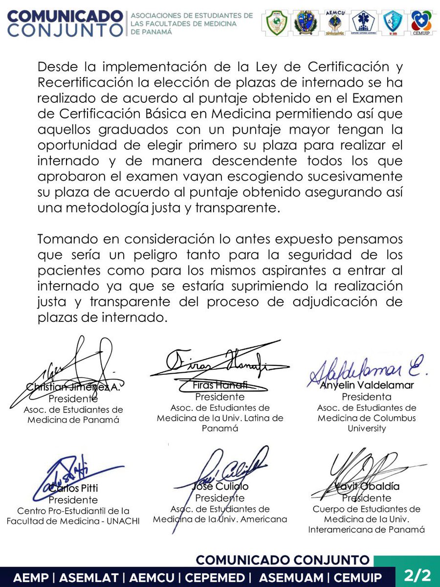 COMUNICADO CONJUNTO
De las Asociaciones de Estudiantes de las Facultades de Medicina de Panamá.
<a href="/ASEMLAT/">ASEMLAT</a> @aemcu <a href="/cepemed_unachi/">ASPEEME-CEPEMED-ASPEMED</a> <a href="/asemuam/">ASEMUAM</a> @cemuip