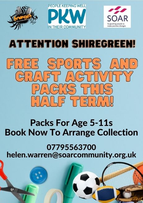 Attention Shiregreen!  Activity packs available for 5-11s in Shiregreen this half term in partnership with <a href="/soarcommunity/">SOAR 🍊</a> Book yours now!