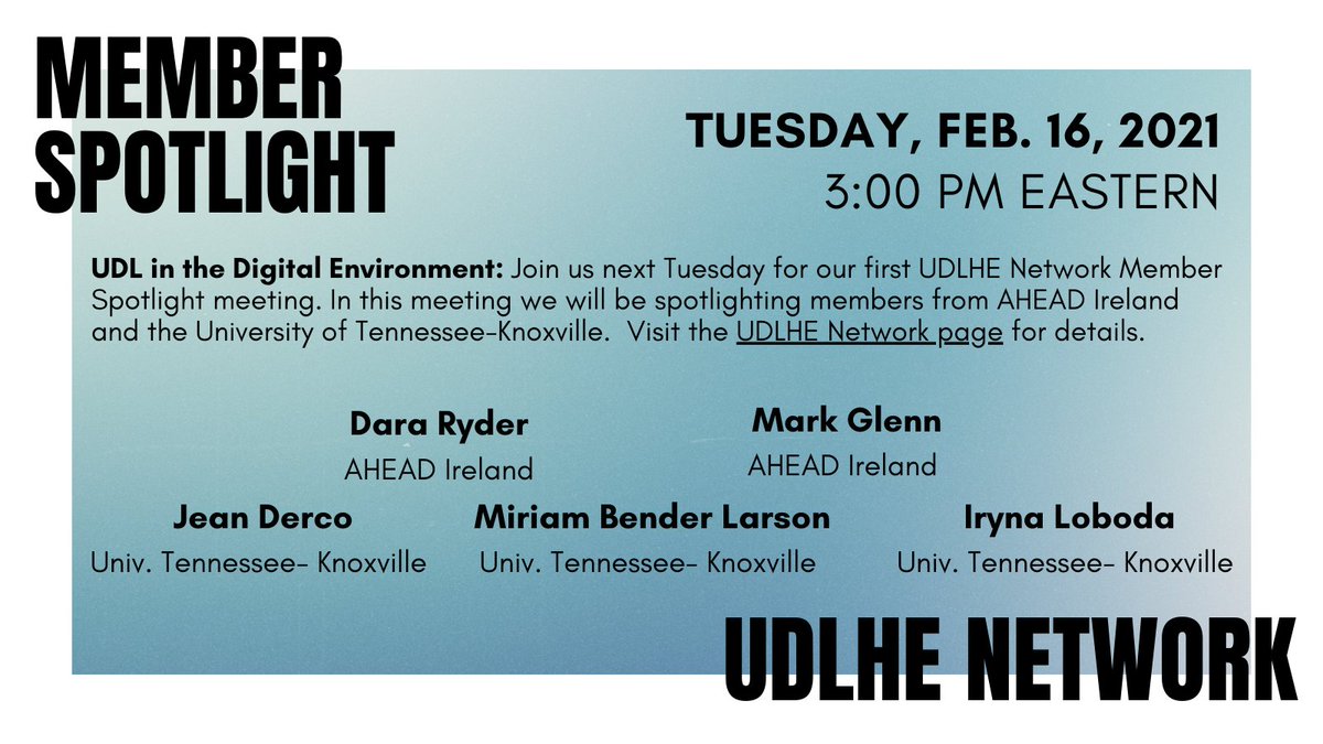 Jen_Pusateri's tweet photo. Hey #UDLHE Network folks, join us at next week's quarterly meeting for a member spotlight featuring @dararyder, Mark Glenn, Jean Derco, Miriam Bender Larson, & Iryna Loboda! #udlhe #udlbc #udlchat #udlirn @InnospireEdu @gardenia987 @AnnGagne @ristowanne1 https://t.co/2OnuVtqj6Q