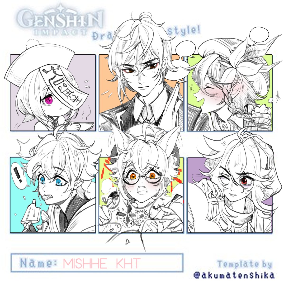 i finally finished it ? six genshin character challenge!!!

from top left:
qiqi -> zhongli -> venti
chongyun -> sucrose -> razor 