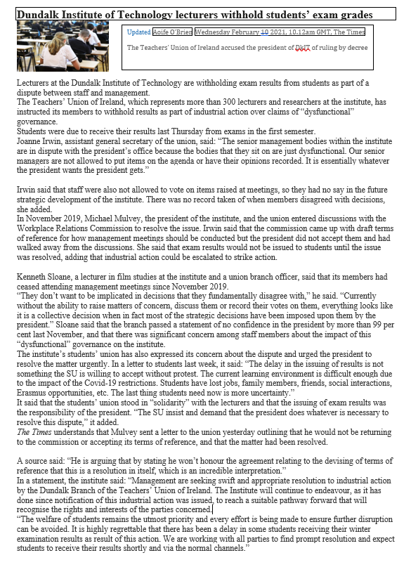 Industrial action at DkIT. No resolution yet. Students still haven't got their results. DkIT president walks away from WRC talks.