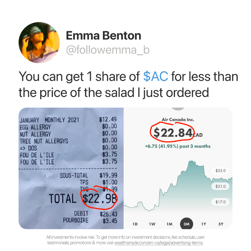 Wealthsimple's tweet photo. Buy &amp; sell stocks &amp; Bitcoin in a few taps. Start with as little as $1.