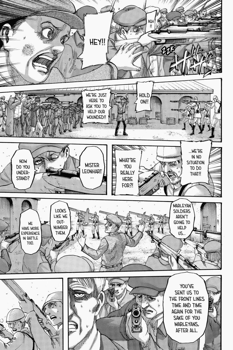 And then this happened in 136. At first I thought, was is the purpose of this? Is Isayama going to show us yet again that the Marleyan’s changed + creating fake tension that will go nowhere? We also had a similar fake-out with Annie’s dad in 125