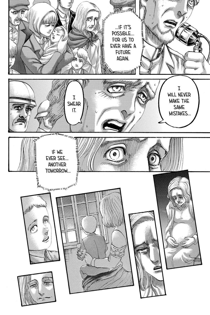 When I first read this dialogue I believed that this was said out of fear instead of it being a genuine change within them. Even the new chapter put emphasis on fear and how it’s a punishment for those faced with death. In this situation Eren is the death that they have to face