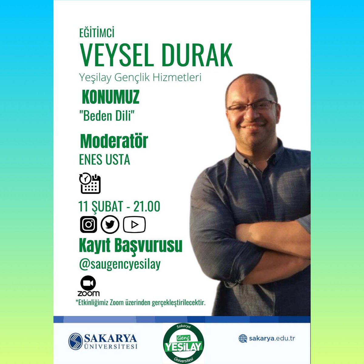saugencyesilay's tweet photo. İnsan iletişiminin
çok büyük bir bölümünün hareket, duruş, konum ve mesafelerle gerçekleştiğini düşünürsek bu etkinlik tam biz Genç Yeşilaycı'lara göre!
Veysel Durak ile "Beden Dili" adlı bir etkinlik gerçekleştireceğiz. Hepinizi bekleriz 💚
https://t.co/pN1c4lwt0v https://t.co/TBh6DcWYpy